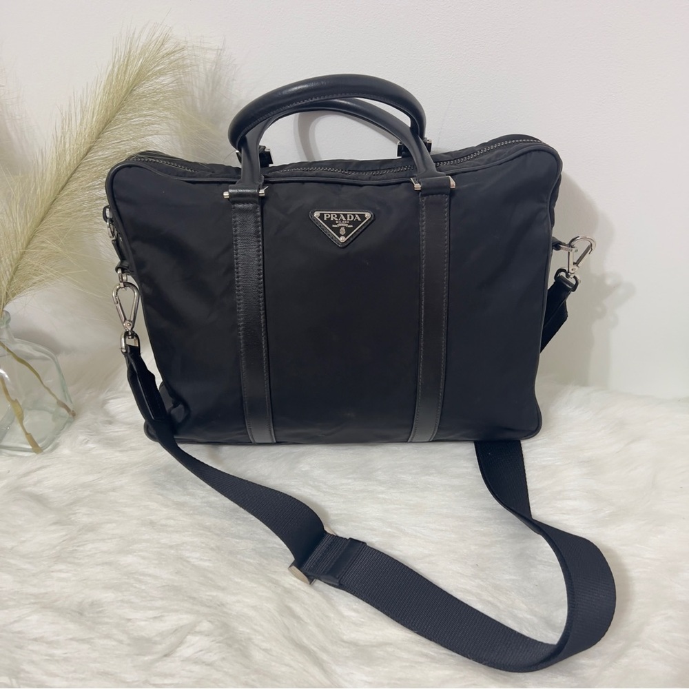 Prada Black Briefcase with Structured Design and Detachable Strap